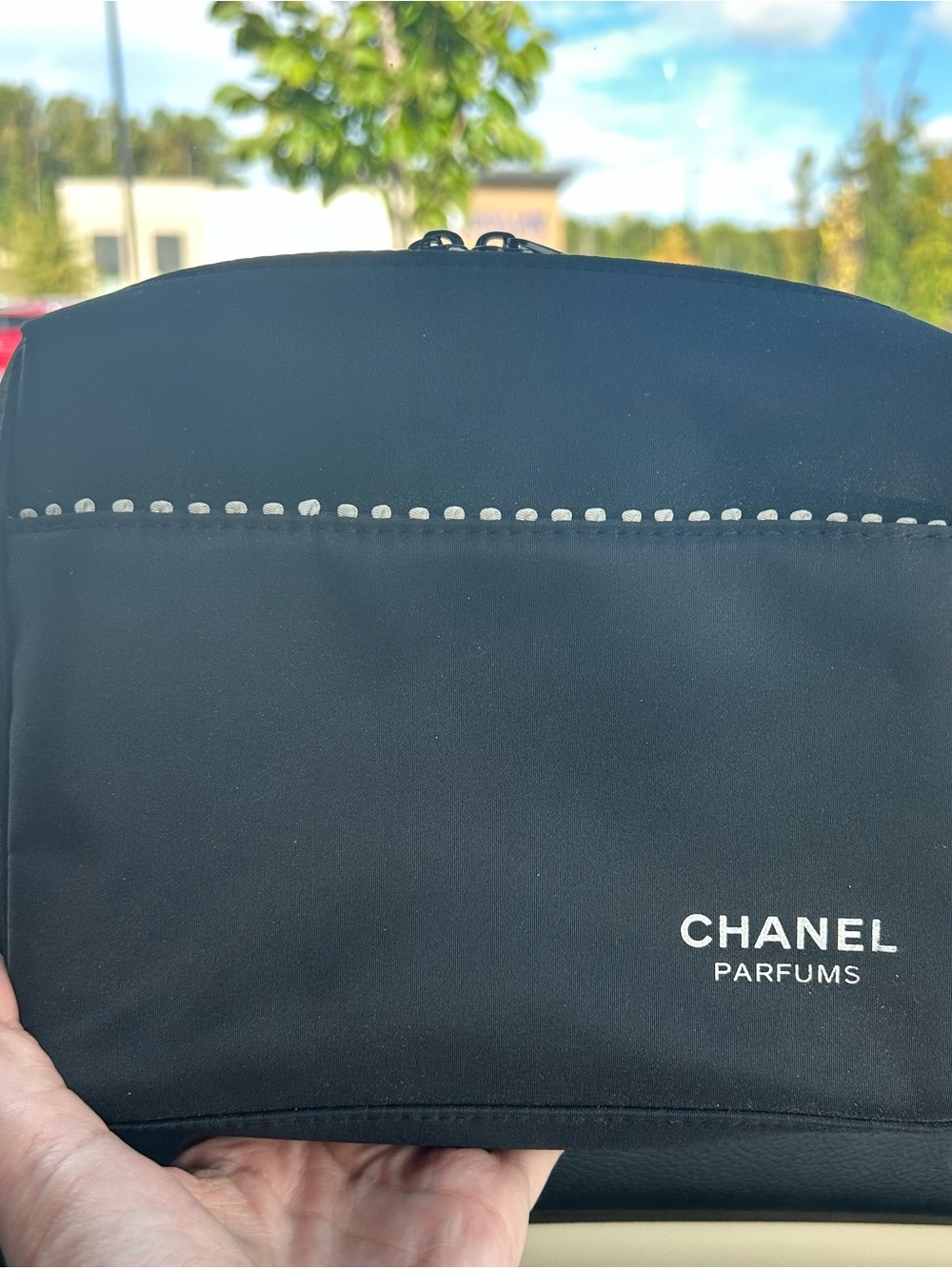 CHANEL Black Parfums Cosmetic Pouch with White Stitching